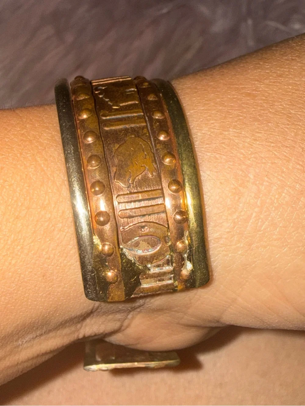 Copper-Tone Patterned Cuff Bracelet - Women Jewelry three tone real copper
